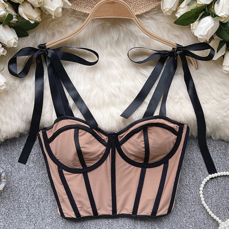 Women Lace up Straps Crop Tops Patchwork Stripe Sexy Tank Top Beach Camis Streetwear Tube Tops Women 2024 Spring Summer